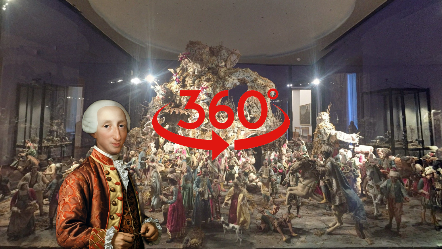 A historic diorama with numerous detailed figurines and a central rock structure is displayed behind a stained glass window. An illustrated Charles of Bourbon is standing in front, surmounted by a red "360°" rotation symbol.