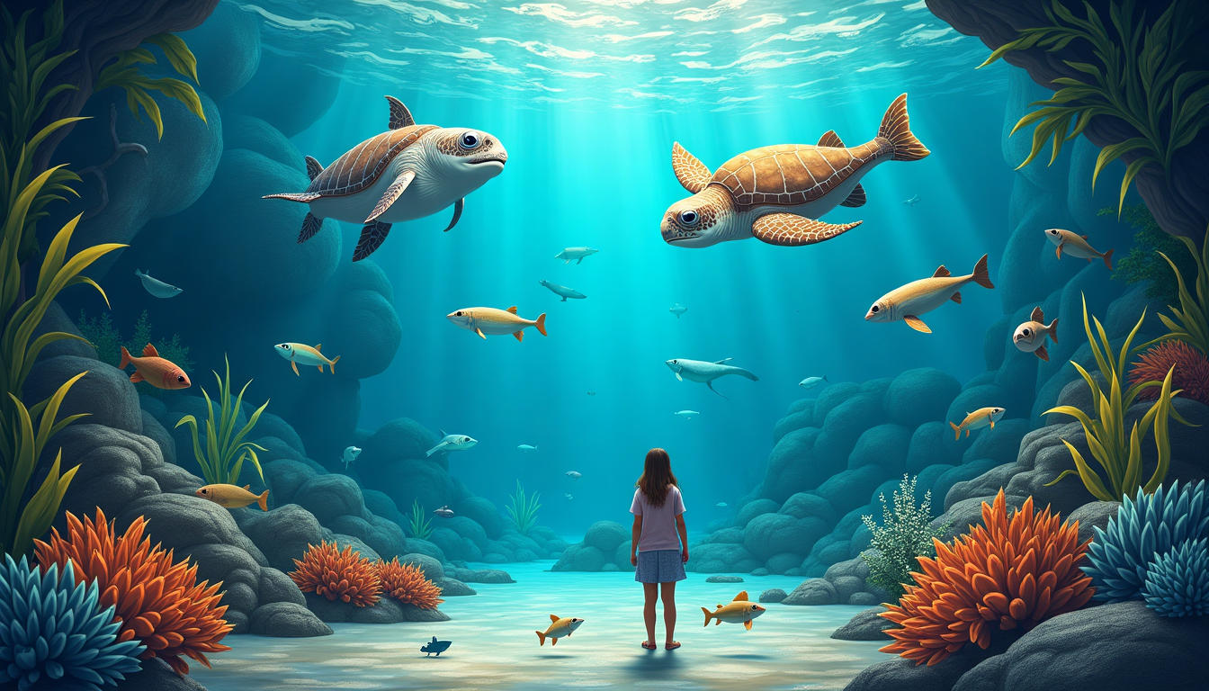 A little girl is standing underwater, surrounded by colorful marine life. Diverse fish, a turtle, and vibrant coral are visible against the blue backdrop of the ocean, with sunlight filtering through the water from above.