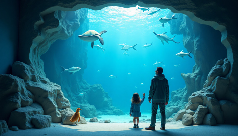 A man and a girl are standing at the entrance of an underwater cave, holding hands and watching sea creatures such as sharks and a turtle swimming by. A penguin is standing next to them, as if they were part of immersive museum video installations in the blue water of the sun.