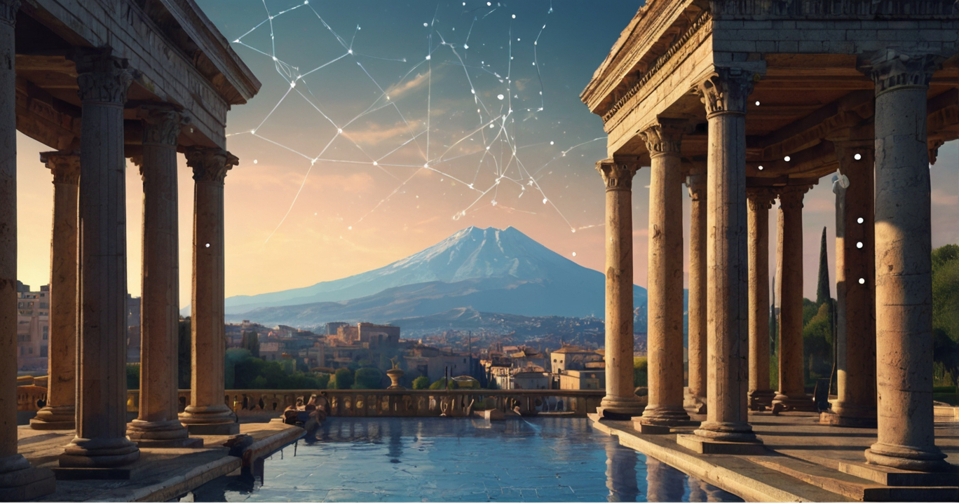 Ancient architectural columns frame a tranquil pool that reflects a panoramic view of a distant mountain. A starry constellation-like pattern is superimposed on the sky, blending history and cosmos into a scenic landscape.