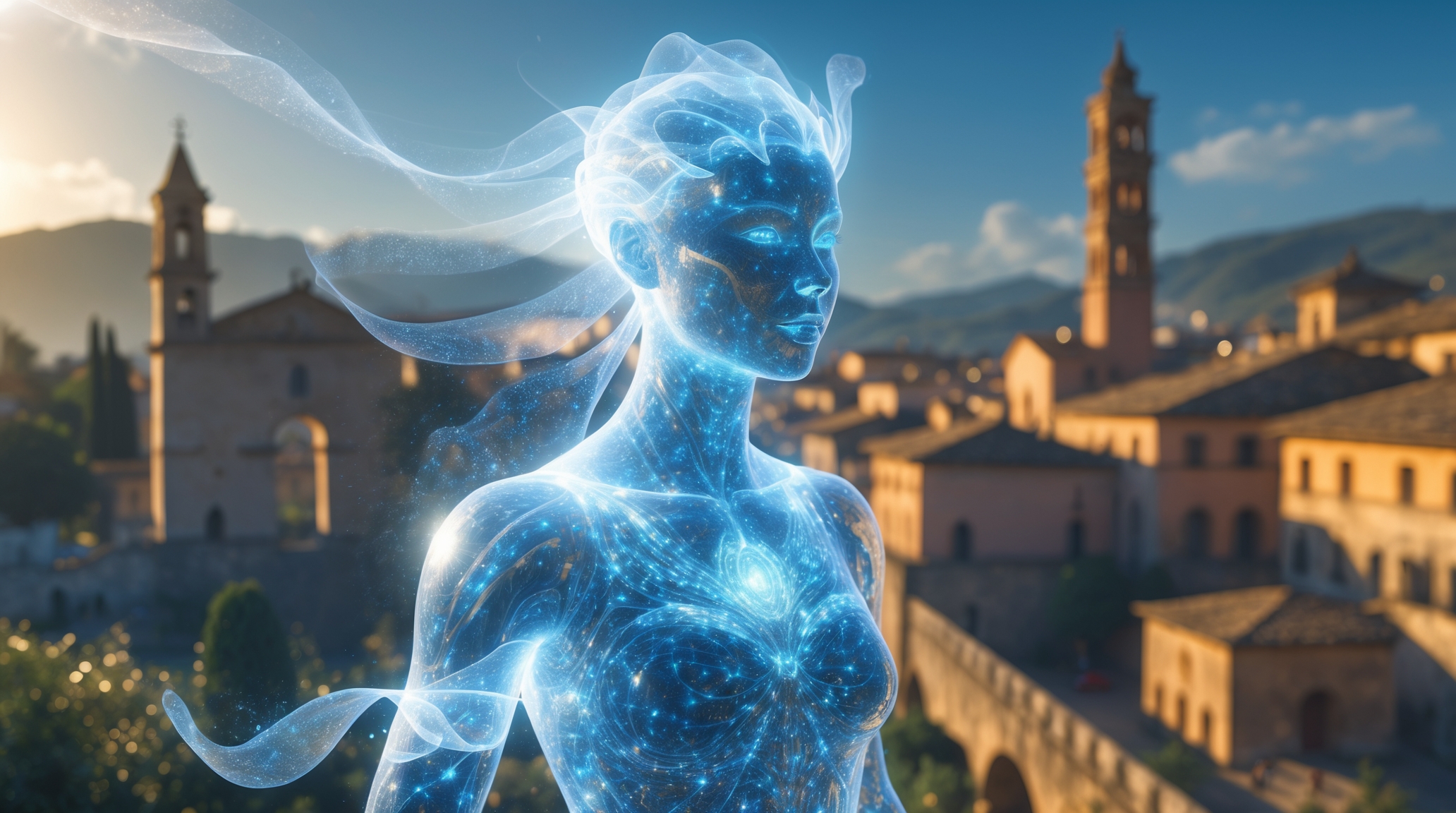 A luminous and ethereal humanoid figure, made of blue light and stars, stands in front of an ancient European city, symbolizing a guide to the digital transformation of cultural heritage among stone buildings, a tall bell tower and distant mountains under a sunny sky.
